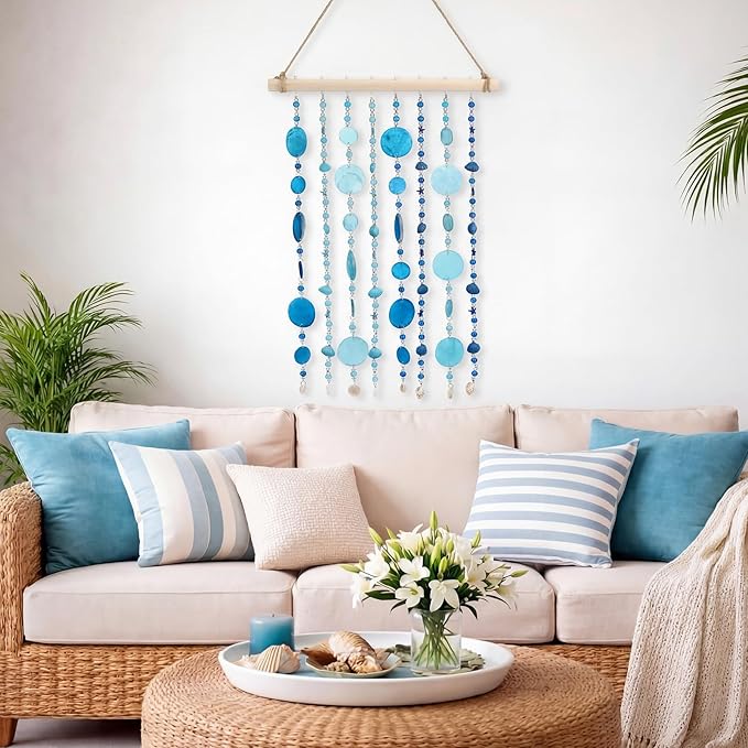 Novabright Capiz Shell Wind Chime for Outside Handmade Ocean Themed Shell Wind Chimes for Outdoors Coastal Nautical Decor for Patio Garden Porch Beach Themed Gift for Nature Lovers(Modern,Blue)