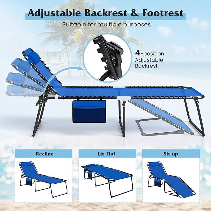 GYMAX Lounge Chair for Outside, 440lbs 27” Oversize Folding Beach Tanning Sunbath Chair with Adjustable Backrest & Removable Pillow, Lightweight Portable Patio Lounger for Lawn Poolside (Blue,2)