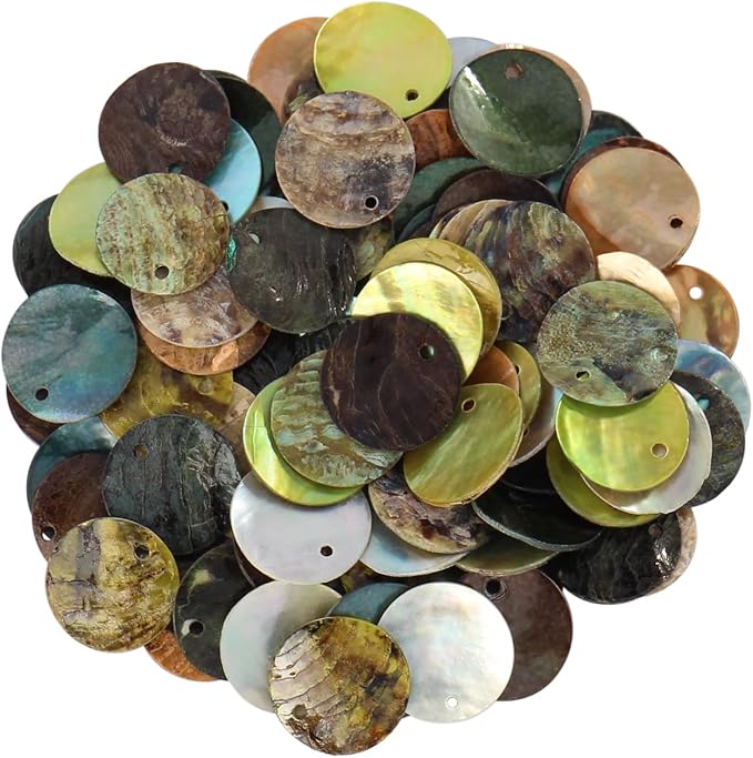 Firstmeet Shell Beads 65pcs Natural 20mm Flat Round Mussel Shell Coin Drop Charm Beads with Iridescent Back for Handcraft Jewelry Making(DIY-1023-Grass Mix-20)