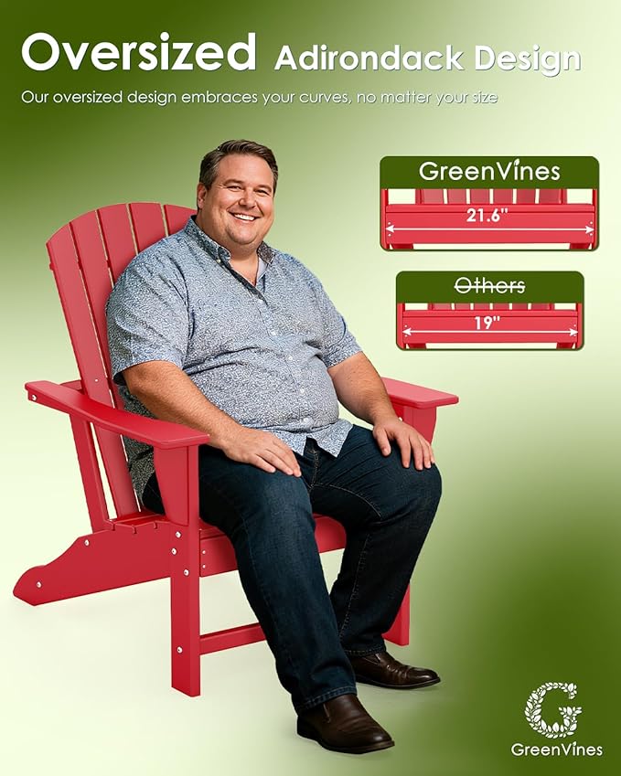 GREENVINES Adirondack Chairs Set of 2 | HDPE Plastic | Oversized Fire Pit Chair | All Weather | Red | Poly Lumber | for Outdoor Deck Backyard Patio Garden