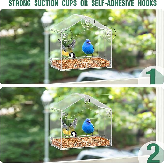 Window Bird Feeder, Suction Cup Window Birdfeeder for 6.8" Larger Viewing, Squirrel-Proof Strong Suction Cup Bird Feeder w/Self-Adhesive for Cats Outdoors