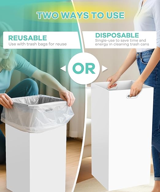 4 Pack Disposable Trash Cans for Parties, 30 Gallon Large Collapsible Garbage Cans with Handle, Thick Recycled Cardboard Recycling Bins for Party Events Camping (30" H x 14" W x 14" D), White