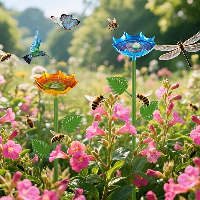 Bee Watering Station | 2 Pack Butterfly Feeder for Outside | Metal Decorative Garden Stakes | Bee Baths for Garden Yard Decor Umbrella Design (Blue,Yellow)