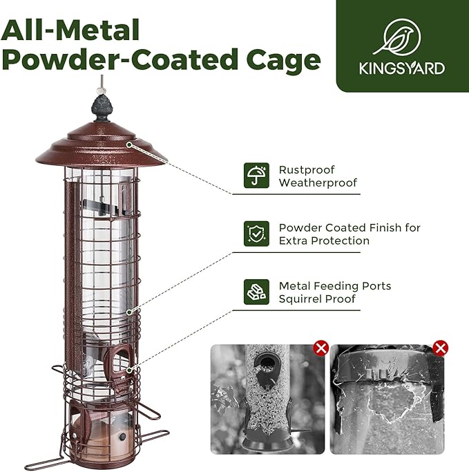 Kingsyard Squirrel Proof Bird Feeder for Outside Hanging, Weight-Activated All-Metal Wild Bird Feeders for Cardinal Finch, Detachable Base Easy to Clean, 3 LBS Capacity,Bronze