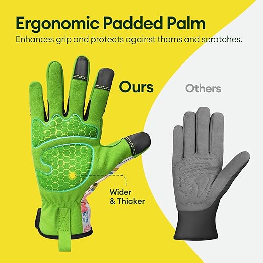 Gardening Gloves for Women, Breathable Leather Work Gloves, Thorn-Proof Gardening Gifts, Touchscreen Compatible, Protective Work for Digging, Planting, Pruning, Large Size, Green & White