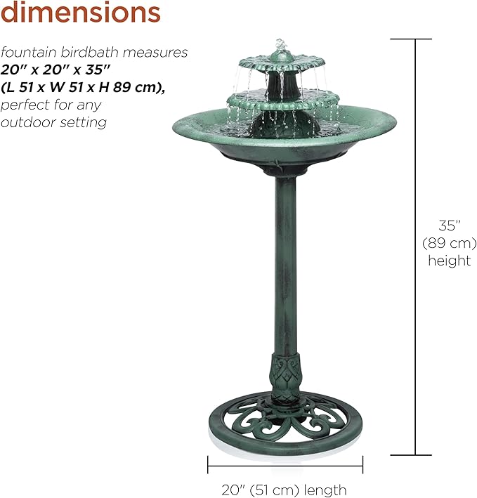 Alpine Corporation 35" Tall 3-Tier Outdoor Pedestal Water Fountain – Durable Resin Cascading Water Feature and Birdbath for Garden, Patio, Deck, and Backyard, Green