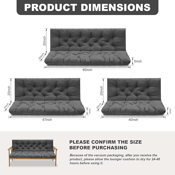 Porch Swing Cushions,Outdoor Cushions 3 Seater Replacement with Backrest, Waterproof Thickened Bench Cushion with Ties for Porch, Patio,Outdoor, Backyard and Garden (Dark Gray 40 * 40 in)