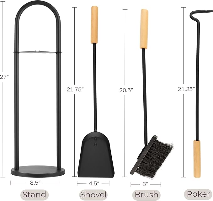 Lavish Home 5 Piece Fireplace Tools Set Indoor Outdoor -Fireplace Accessories Set with Poker, Brush, Shovel, and Firewood Rack Stand - Fire Tools for Fire Places, Firepits, and Woodstoves (Black)