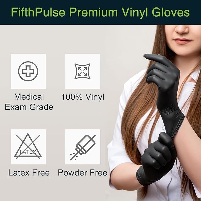 FifthPulse Black Vinyl Disposable Gloves - Powder and Latex Free Medical Exam Gloves