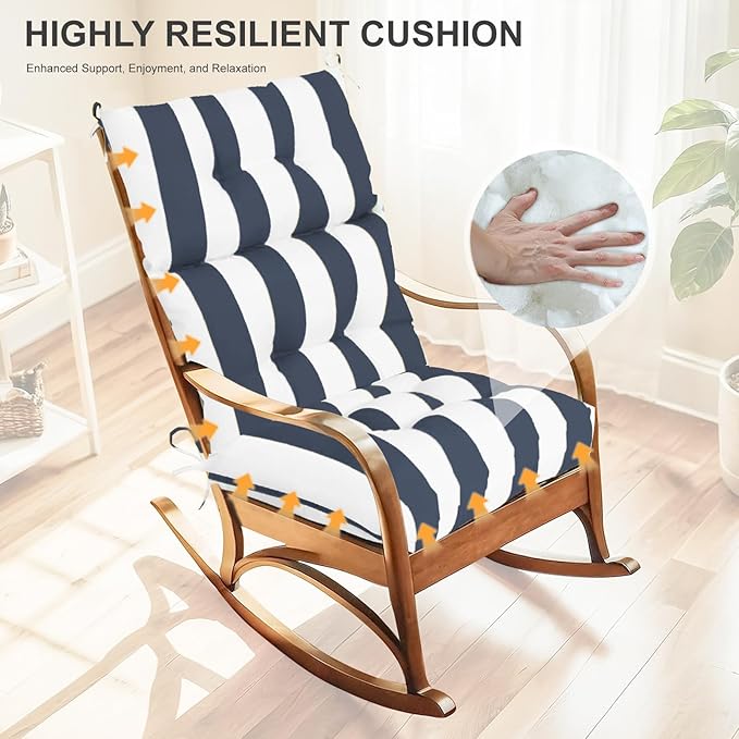Outdoor High Back Chair Cushions 2-Pack, 44"x22"x 4" Fade-Resistant Waterproof Tufted Pads with Ties for Patio Rocking & Adirondack Chairs (Navy Blue White)