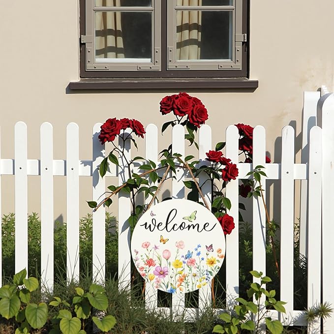 Spring Flowers Welcome Door Sign Colorful Floral Summer Door Hanger Home Decorations Spring Butterfly Wooden Hanging Sign Seasonal Farmhouse for Wall Porch 12x12 Inch
