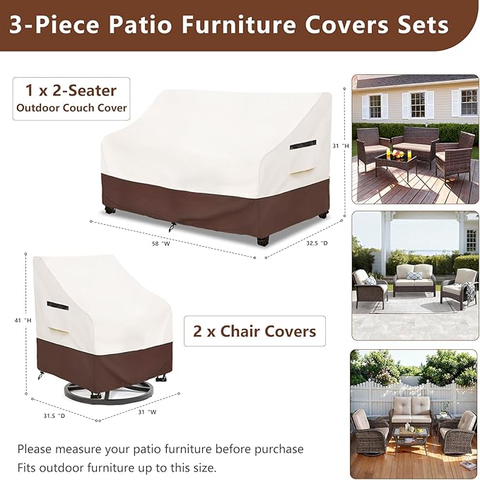 3-Piece Patio Furniture Covers Set,Heavy Duty 600D Waterproof Outdoor Furniture Cover,Includes 2 Patio Chair Covers (30in) and 1 Patio Loveseat Cover (58in),UV Protection, Windproof Design,Beige