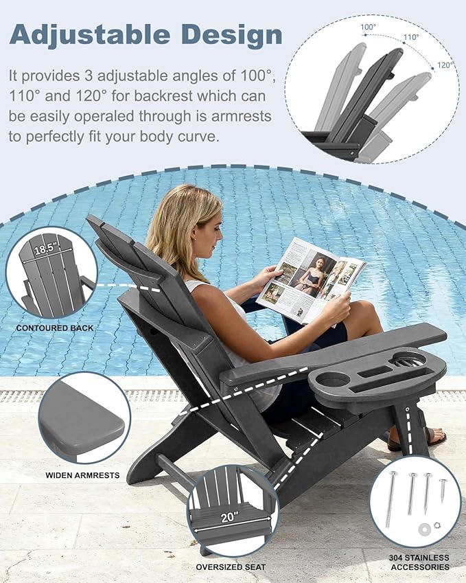 Adjustable Adirondack Chair with Cup Holder, All Weather HDPE Fire Pit Chairs for Deck, Backyard, Patio, Grey