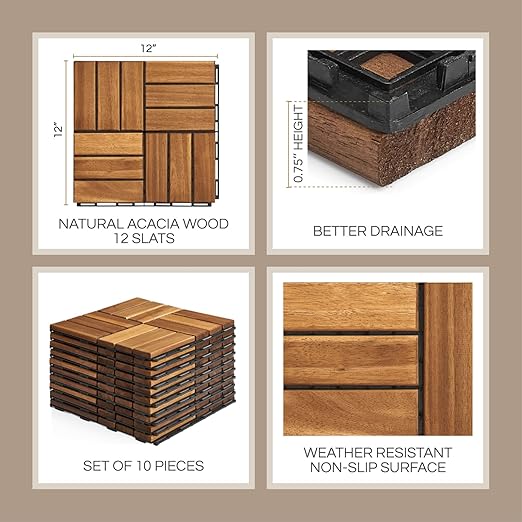 10 Pcs Deck Tiles, Patio Flooring - Outdoor Waterproof Acacia Wood Tiles for All Weather Use - Balcony, Backyard, Indoor & Outdoor (Golden Teak Crossed Pattern, 10 Square Ft)