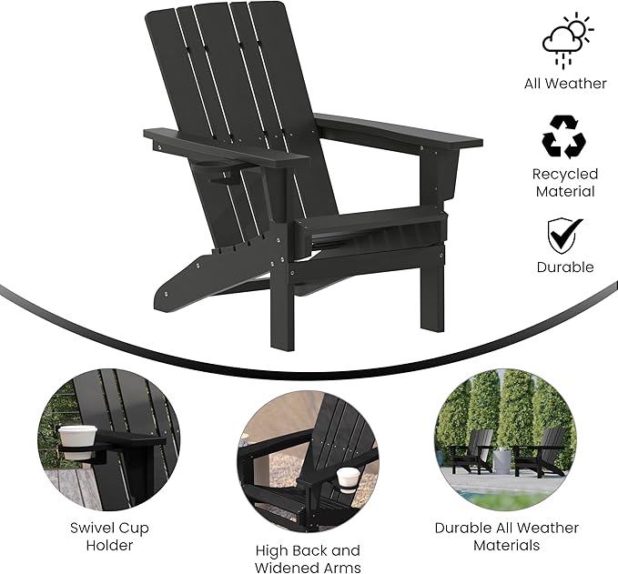 Flash Furniture Halifax Adirondack Chairs with Cup Holders, Weather Resistant Poly Resin Adirondack Chairs, Set of 4, Black