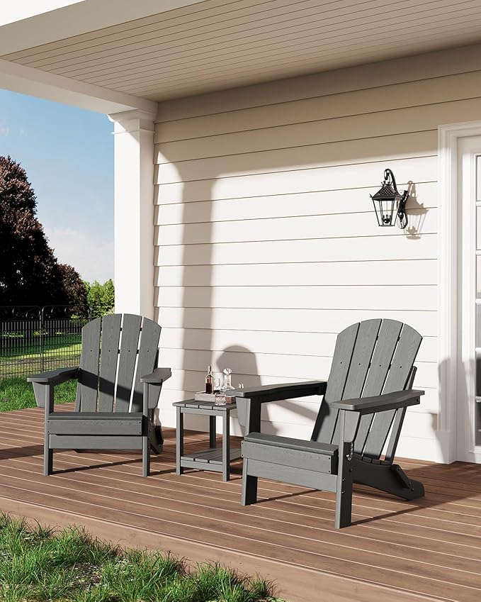 GarveeLife Folding Adirondack Chairs, HDPE Outdoor Patio Chairs All Weather Resistant with Wood Texture for Fire Pit, Deck, Patio, Pool, Backyard - Gray