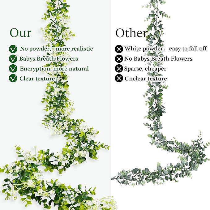 6FT Eucalyptus Garland with Flowers, 8 Pack Artificial Greenery Garland Hanging Faux Eucalyptus Garland Suitable for Table Wedding Backdrop Arch Wall Party UV Protected Indoor Outdoor Decor