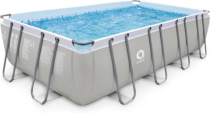 JLeisure Avenli 18 by 10 by 4 Feet Outdoor Backyard Above Ground Rectangular Steel Frame Swimming Pool for Adults and Kids with Repair Kit, Gray