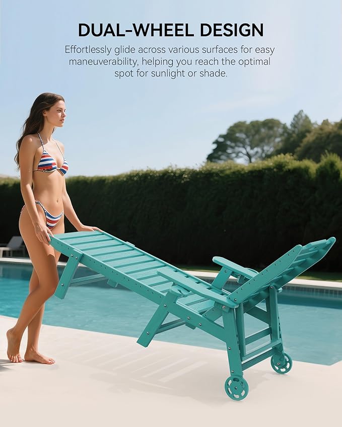 Carauci Lounge Chair Outdoor, HDPE Chaise Lounge with Wheels, 5-Position Adjustable Backrest & 2 Cup Holders Patio Lounge Chair, All-Weather Pool Sun Lounger for Poolside, Backyard, Lake Blue