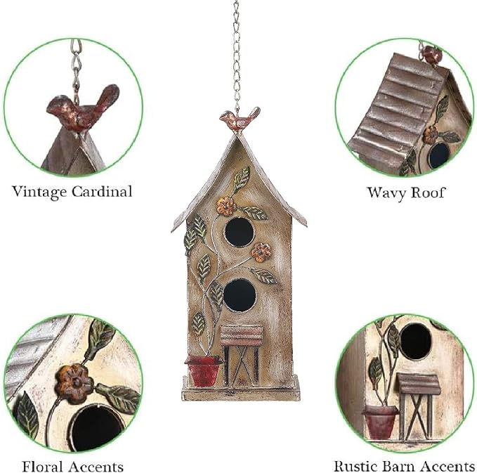 Jemeni 15" H Distressed Metal Birdhouses for Outdoors Hanging, Bird House Decorative for Outside Garden Yard, Double Hole with Floral Accents…………