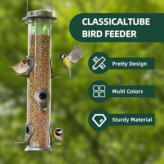 ERYTLLY Metal Bird Feeders 6 Port Tube Bird Feeder for Wild Birds, 1.4mm Extra Thick Solid Tube Transparent with Steel Squirrel Proof for Outside