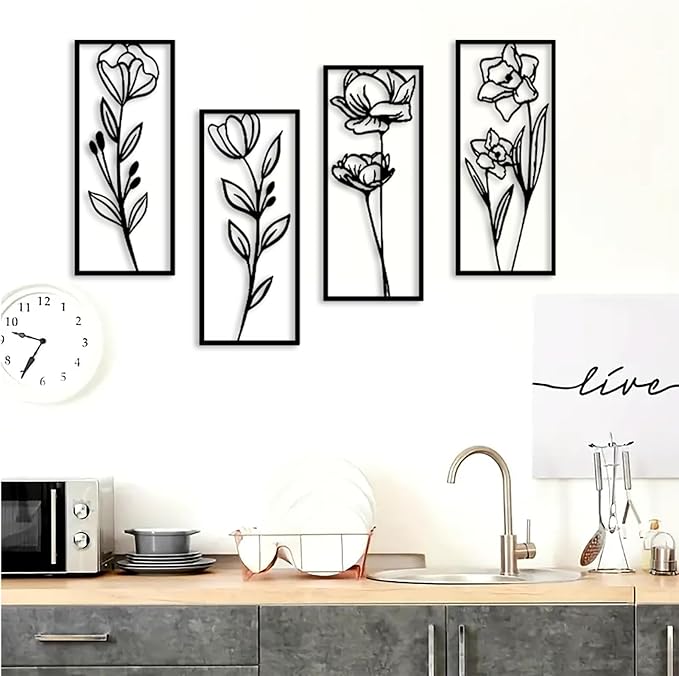 DUOOLN Metal Flowers Wall Art Decor, 4pcs Minimalism Flower Hanging Iron Decoration, Modern Plant Potted Art Sculpture Sign, Home Bedroom Bathroom Outdoor Indoor Kitchen Feature Wall-15.7x6.69in
