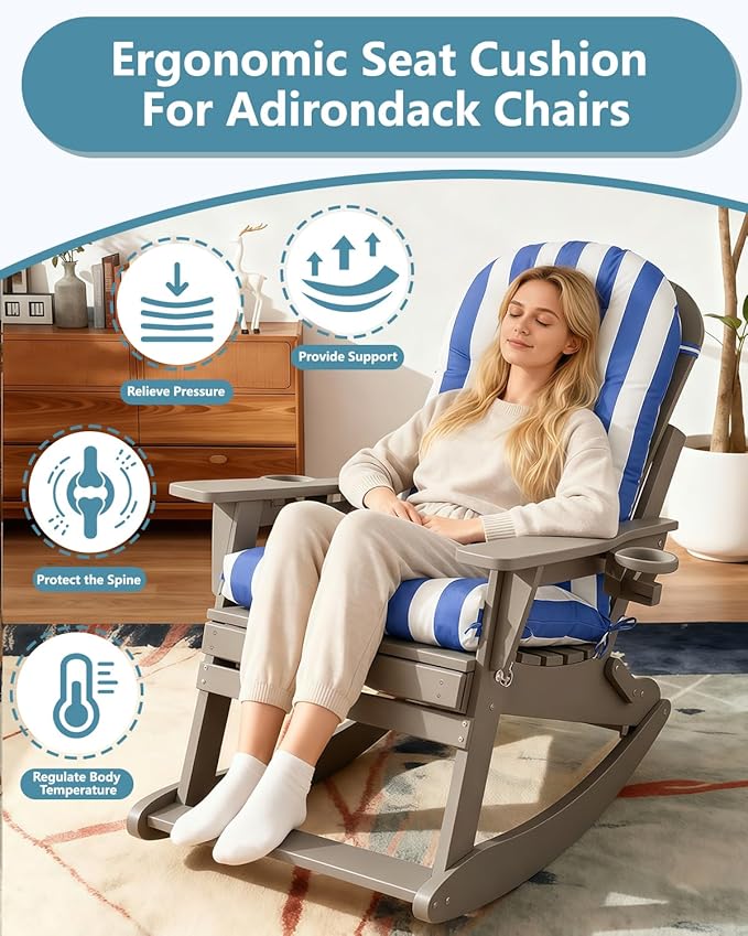 Adirondack Chair Cushion Set of 4, Thickened Patio Chair Cushions with Ties, Waterproof and UV-Protected Rocking Chair Cushion for Indoor and Outdoor, Stripe Navy Blue.
