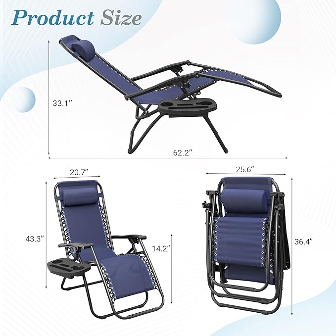 Flamaker Patio Zero Gravity Chair Outdoor Folding Lounge Chair Recliners Adjustable Lawn Lounge Chair with Pillow for Poolside, Yard and Camping (Deep Blue)