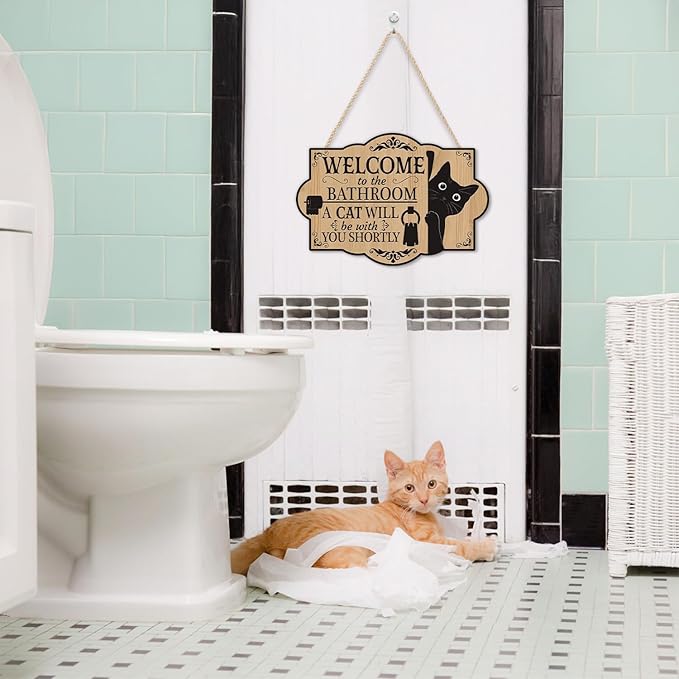 HLNIUC Funny Black Cat Door Sign(11”x8”) Welcome to the Bathroom A Cat Will Be With You Shortly Wall Decor,Bathroom Cats Hanging Plaque,Cats Welcome People Tolerated Sign for Pet Lover Front Door