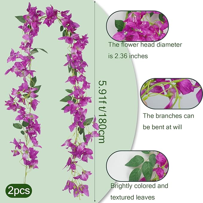 2 Pcs Bougainvillea Artificial Hanging Flowers Plants for Outdoors Purple Fake Silk Bougainvillea Vines Artificial Flowers Garland UV Resistant Faux Flowers for Planter Centerpieces Arch Decor