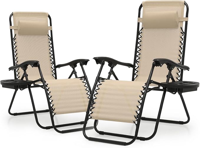 Athena Collection Zero Gravity Chair, Outdoor Lounge Chair with Adjustable Pillow and Cup Holder, Reclining Camping Chair for Outside Beach Lawn Garden Patio Poolside Set to 2- Cream