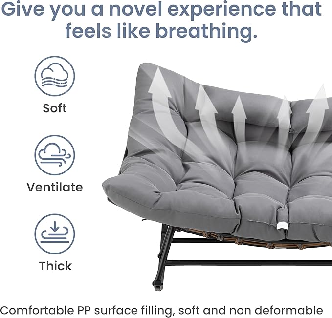 COSIEST Oversized Papasan Rocking Chair with Extra Thick Cushion - 58 in Rattan Wicker Egg Chair for Indoor/Outdoor Use, Swivel Lounge Chair for Patio, Living Room, Bedroom, Grey