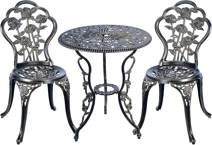C/G 3 Piece Bistro Set, Outdoor Patio Table, Anti-Rust Cast Aluminum for Front Porch & Yard (Antique Copper)