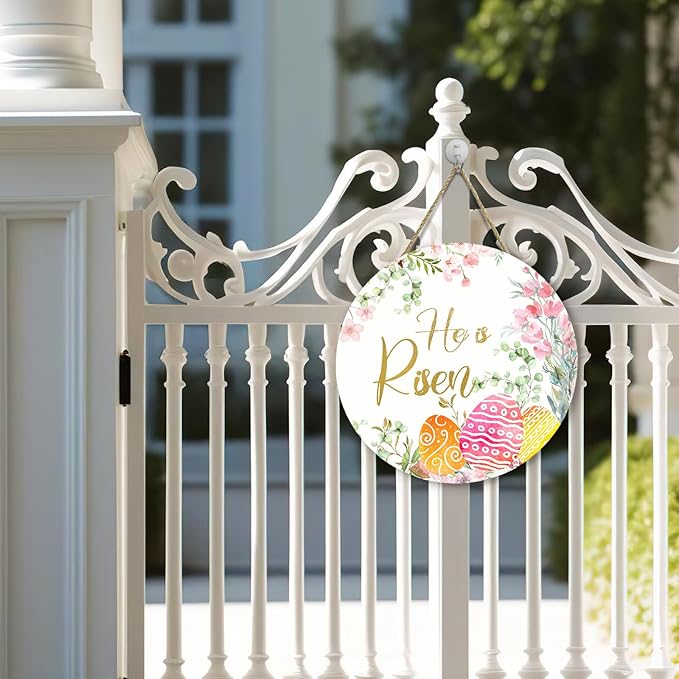 He is Risen Door Hanger Easter Religious Porch Sign Spring Floral and Eggs Door Sign for Front Door Holiday Hanging Decoration for Home Wall Outdoor