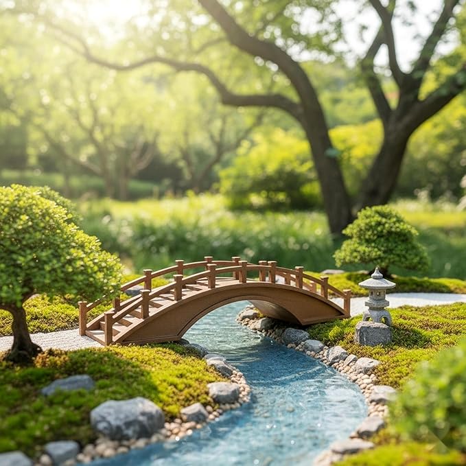 LOGOFUN Miniature Wood Arch Bridge Figurine Mini Wood Bridge Model Tiny Arch Bridge Ornaments for Bonsai Micro Landscape Deocrations - Medium