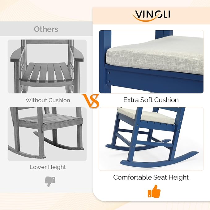 VINGLI Outdoor Rocking Chair, Heavy Duty 450 lbs Poplar Wooden Rocking Chair with High Backrest Design, Come with a Cushion, All-Weather Lounge Rocker Support for Garden, Deck (Navy Blue)