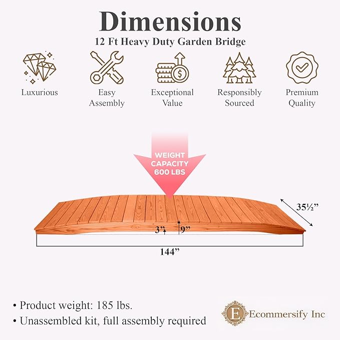 12 FT CEDAR Amish Made Pinewood Heavy Duty Garden Bridge for Walkway, Backyard Pond & Landscaping, Outdoor Wooden Footbridge for Koi Pond, Japanese Style Decorative Bridge, Made in USA