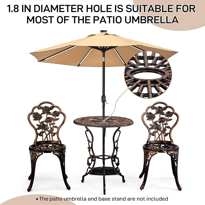 VINGLI 3 PCS Outdoor Bistro Set, Outdoor Patio Set, All-Weather Cast Aluminum Bistro Table Set, Bistro Table and Chairs Set of 2 for Backyard, Garden, Balcony (Bronze, Rose)