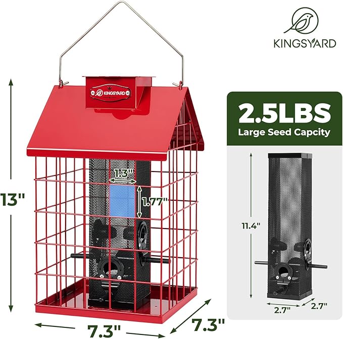 Kingsyard Squirrel Proof Caged Bird Feeder for Outdoor Hanging - Weatherproof Metal Mesh Tube Finch Bird Feeder with 4 Ports for Nyjer/Thistle Seed, Small Birds Goldfinches, Chickadees, Red