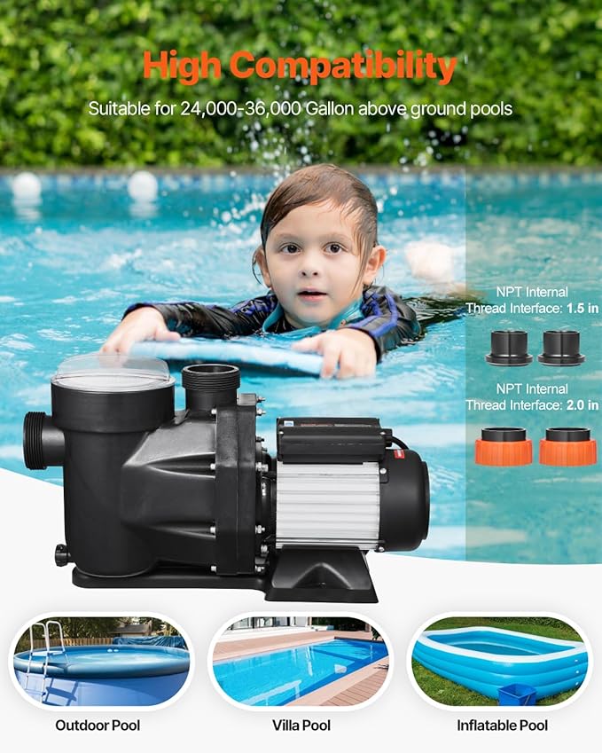 VEVOR In/Above Ground Pool Pump, 2 HP, Self Priming Single Speed Swimming Pool Pump, 220V 3450 RPM 61 ft Max Head Lift with PP Shell Strainer Basket, 122°F Max Water Temp, for Hot Tubs Spas, No Plug