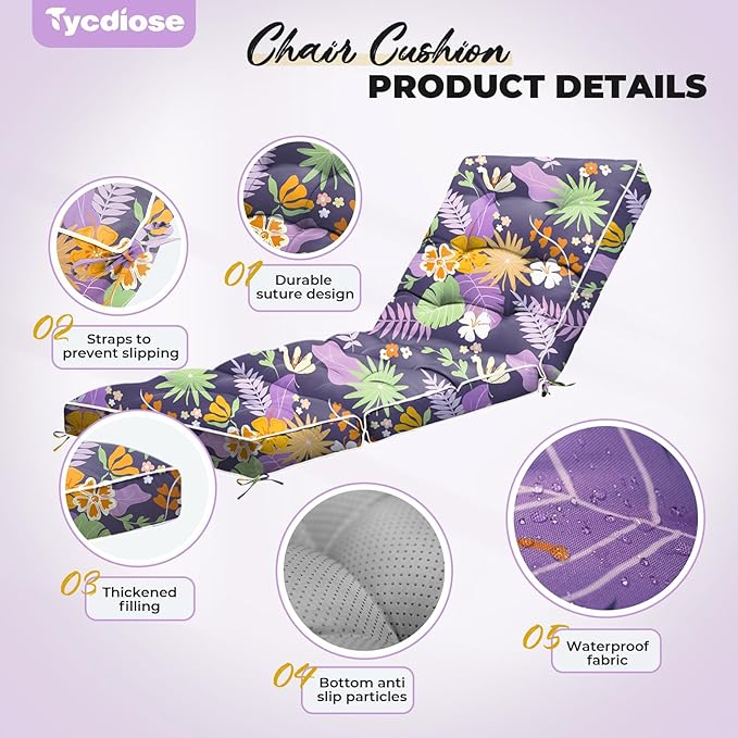 Outdoor Chaise Lounge Chair Cushion, Waterproof Non-Slip Patio Chaise Lounge Cushions for Outdoor Furniture, Thickened Pool Lounger Chair Cushion, 76.4 x 22.8 x 4.7 Inches, Purple Floral Leaf