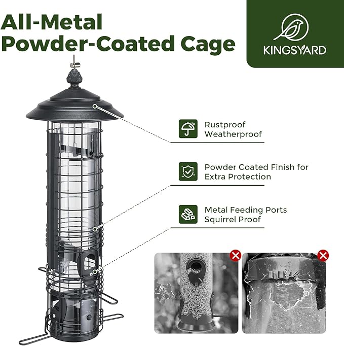Kingsyard Squirrel Proof Bird Feeder for Outside Hanging, Weight-Activated All-Metal Wild Bird Feeders for Cardinal Finch, Detachable Base Easy to Clean, 3 LBS Capacity,Black