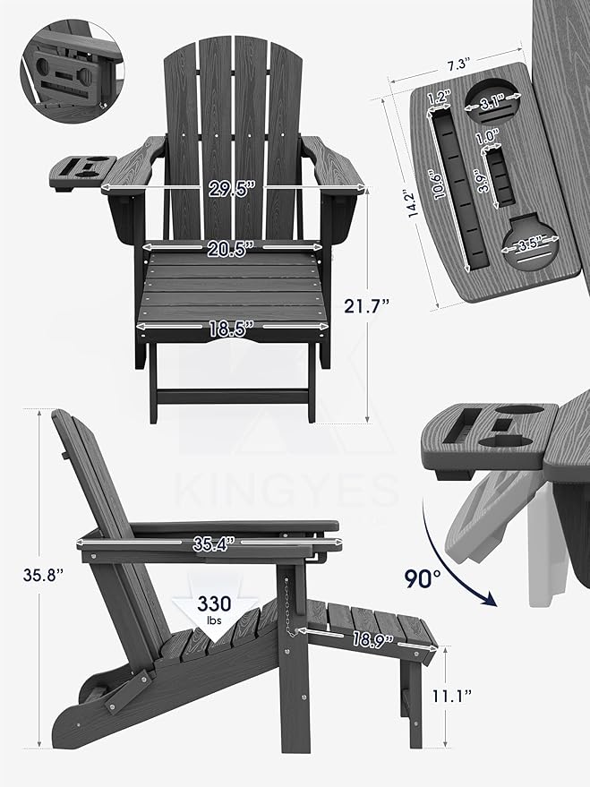 KINGYES Adjustable Folding Adirondack Chair with Footrest & 4-in-1 Multi-Functional Armrest Organizer Set of 4, HDPE Foldable Recliner Adirondack Chair with Pull-Out Ottoman, Grey
