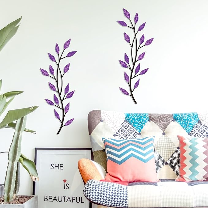 LWHZHE 2 Pieces Vintage Tree Leaf Wall Art Vine Metal Bathroom Wall Decor Olive Branch Wall Decor Living Room Tree Wall Art for Outdoor Hallway Kitchen Garden (Purple)