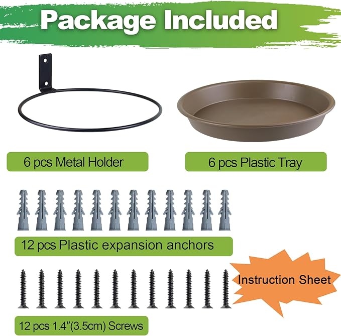 Tree Mounted Bird Feeder for Fence Outside 6 Pack, 8.4" Plastic Wild Bird Bath Tray with Metal Holder for Wood Post, Heavy Duty Wall Mount Squirrel Platform Water Feeder Station Outdoor Yard