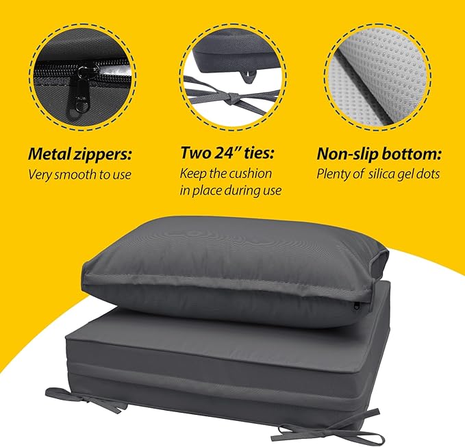 AAAAAcessories Outdoor Deep Seat Cushions, Waterproof, Fade-Resistant Patio Furniture Replacement Cushions, 25.5" x 25.5" x 5" + 25.5" x 13.5", Set of 4, Dark Gray
