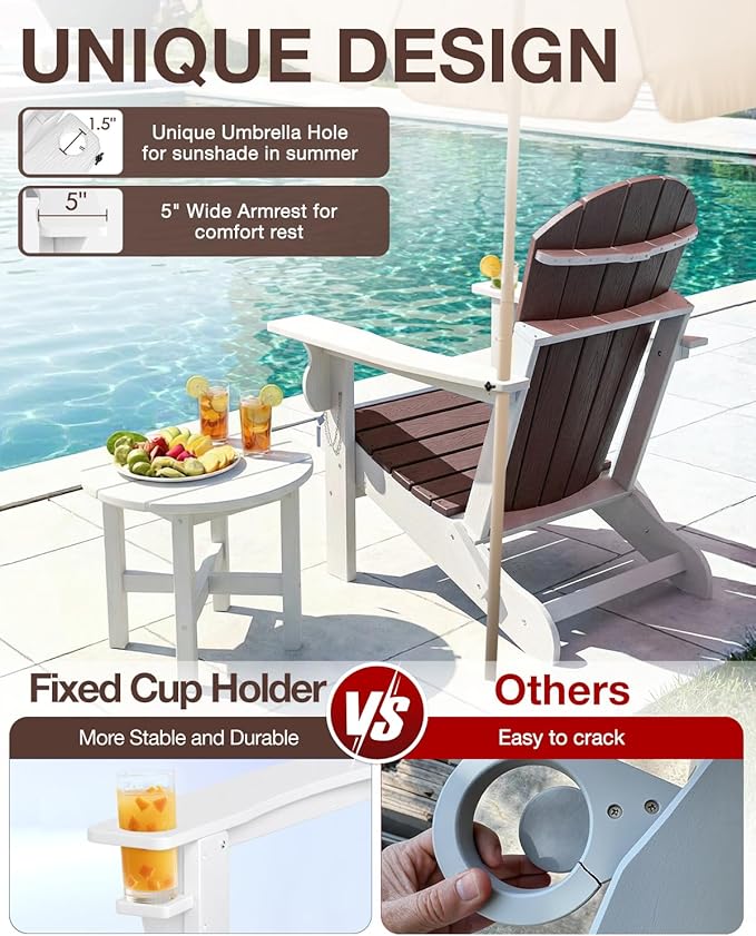 Folding Adirondack Chair –Recyclable HDPE Outdoor Adirondack Patio Chair with Cup Holder, Wood Texture & Umbrella Hole, 25-Year Fade-Free All Weather for Fire Pit, Porch, Poolside, Deck, Brown & White