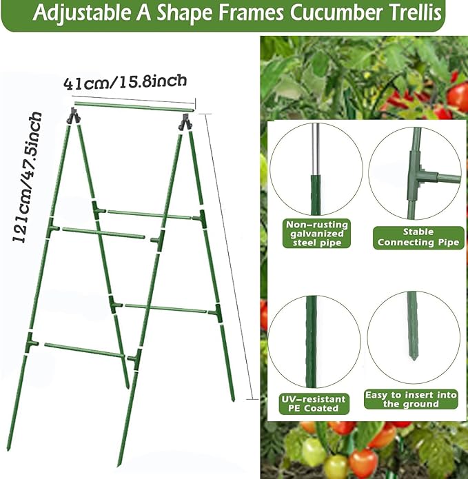 Cucumber Trellis for Raised Bed, Small Foldable A-Frame Garden Trellis for Climbing Plants Outdoor,Plastic-Coated Steel Core for Cucumber Beans and Vine Type Plants ﻿ (Green, 15x47in)