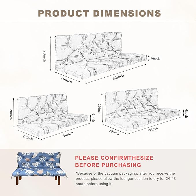 Porch Swing Cushion with Backrest,Waterproof Bench Cushion for Outdoor Furniture,2-3 Seater Replacement Thickened Swing Cushion with Ties,Patio,Outdoor,Backyard and Garden (Tropical Leaf,60x40")