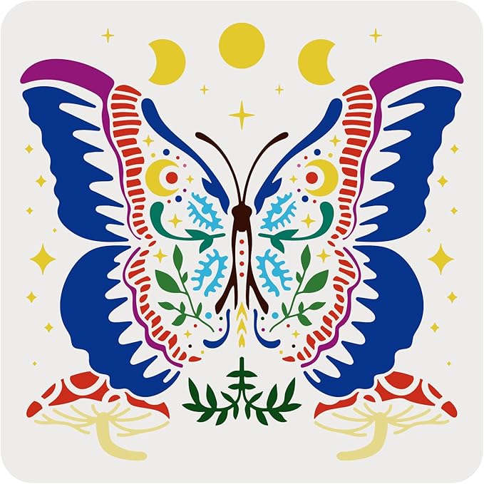 FINGERINSPIRE Butterfly Stencil 11.8x11.8 inch Moon Phase Stencils Plastic Mushroom Stencil Reusable Butterfly Moon Phase Mushroom Stars Pattern Stencils for Painting on Wood, Floor, Wall and Tile